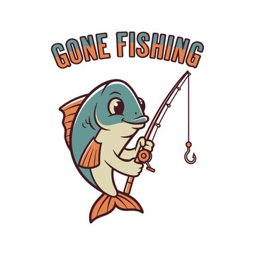 Gone Fishing Vector Illustration : Retro Cartoon Style. Gone Fishing Cute Cartoon Fish Holding Fishing Rod Vector Illustration. Retro Gone Fishing Badge.