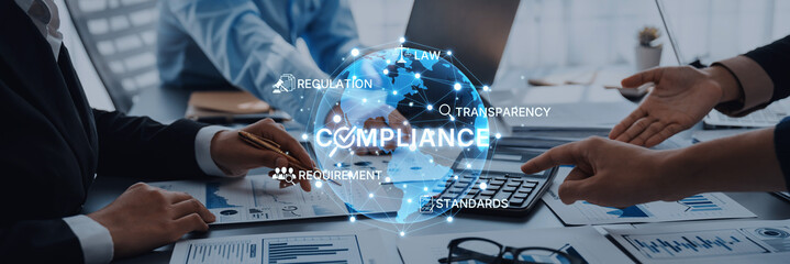 Diverse professionals discuss compliance in a modern office setting, utilizing technology and data while highlighting key concepts of law, regulation, and transparency. Trope