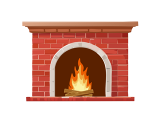 Red brick fireplace with logs on isolated background.