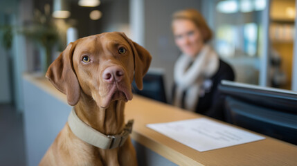At the front desk, a caring receptionist offers attention while greeting each pet in vet practice, helping reduce stress and anxiety. cinematic color correction, natural uneven lighting yet gentle