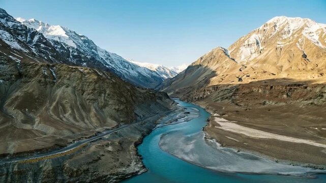snowy himalayan landscape with indus river flow india video