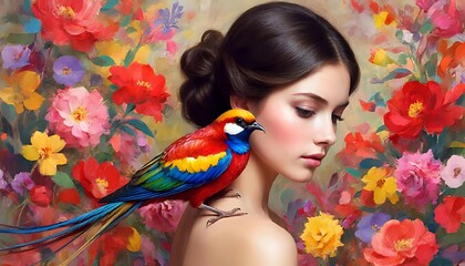 Fototapeta premium A mature woman with a flower crown on her head stands against the backdrop of the sea and a small house on a cliff. She wears sunglasses and a necklace. The background of the painting is warm, creatin