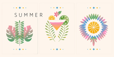 Colorful summer illustrations featuring tropical leaves citrus fruits and vibrant designs © SreemotiRaba