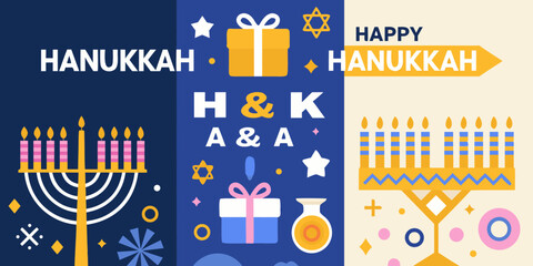 Obraz premium Festive hanukkah illustration with menorah gifts and celebratory decorations
