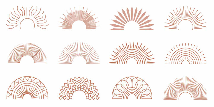 Collection of abstract arched sun or rainbow designs in a muted red tone