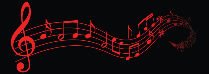 Dynamic red musical notes flowing gracefully on a black background, symbolizing harmony and rhythm in artistic expression