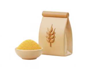 Wheat bag and bowl of grains isolated on transparent background