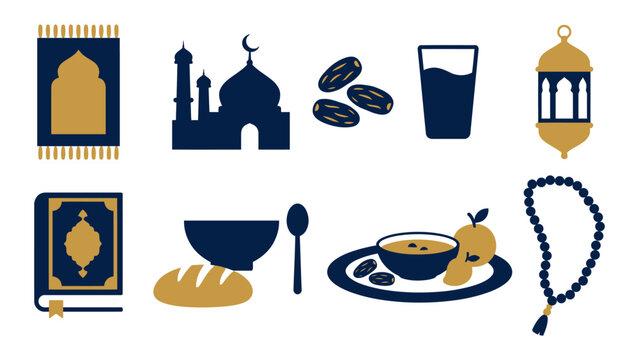 Set of Ramadan and Islamic icons including mosque, Quran, lantern, dates, prayer beads, and iftar food, representing Muslim worship and holy month traditions