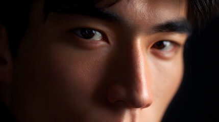 Fototapeta premium Intense Gaze: A close-up shot of a man's face, focused on his eyes, reveals a striking combination of confidence and introspection against a deep background.