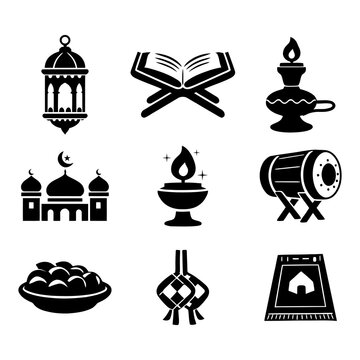 Set of black Islamic icons including Quran, mosque, lantern, oil lamp, bedug drum, prayer mat, and iftar food, representing Ramadan and Muslim worship