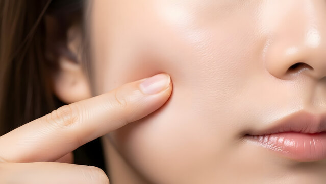 Close-up of Asian woman&rsquo;s fingers pressing cheek, skin instantly bouncing back, showcasing plumpness, elasticity, and healthy youthful complexion in detailed focus.	