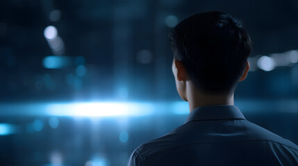 The Visionary: a silhouette of a person gazing into a digital abstract world. representing technological possibilities and a futuristic landscape.