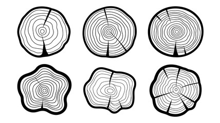 Set of Six Wood Tree Rings Outline | Rustic Wood Slice Cross-Sections | Nature Inspired Vector
