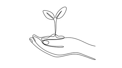 Single Line Drawing Hand Holding Sprout - Growth, Nature, and Environmental Care Concept