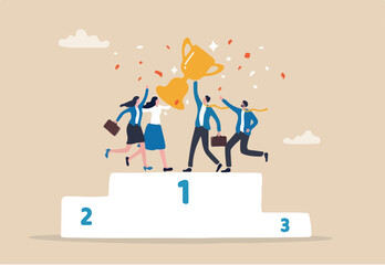 Team success win together, teamwork or collaboration to achieve goal together, group winner or team victory concept, businessman and businesswoman colleagues hold winning trophy on first place podium.