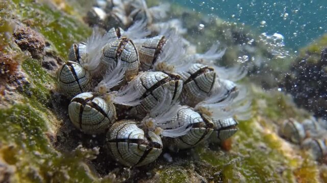 Underwater close up of a cluster of goose barnacles attached to a green algae covered rock showing feeding appendages