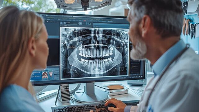 A dental professional discusses a dental x-ray with a patient in a clinic. The setting highlights a modern dental office with advanced technology. The conversation focuses on dental health