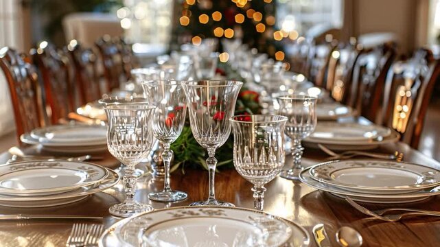 A long dining table is arranged with plates, glasses, and silverware for a gathering. Lights shine in the background, hinting at a festive mood. The setting suggests preparation for a meal