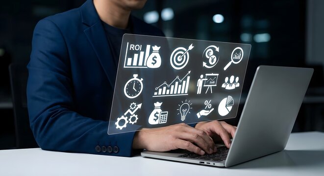 Businessman types on a laptop, interacting with a holographic screen displaying various financial and business icons.