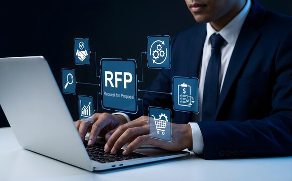 Businessman types on a laptop with 'rfp' and key business icons displayed digitally.