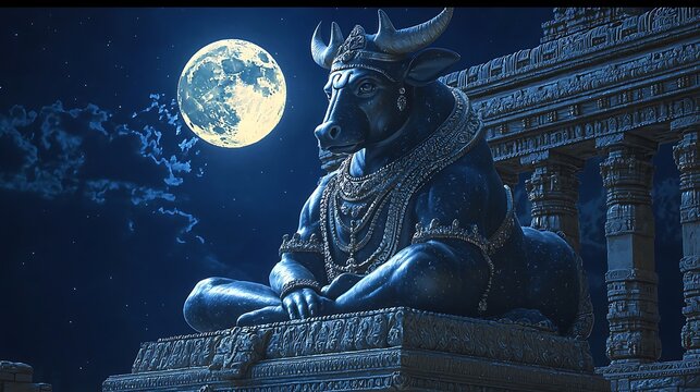 Mystical nandi bull guarding sacred shiva shrine night high resolution picture