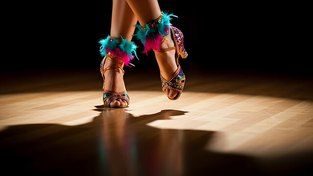 Womans feet dancing on stage with colorful heels
