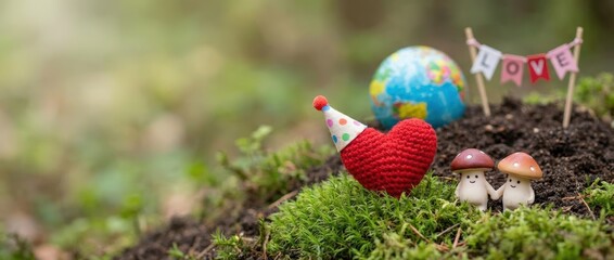 Celebratory nature scene featuring heart and mushrooms forest floor decorative content whimsical environment close-up viewpoint love and togetherness concept