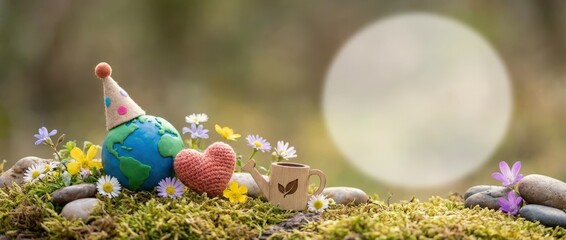 Celebrating nature's beauty with a colorful earth model and heart decoration outdoor garden creative photography lush green environment close-up perspective eco-conscious theme