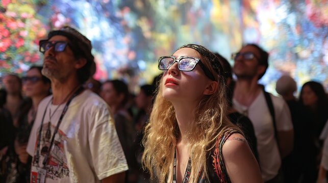 Young woman watches immersive digital art installation with glasses