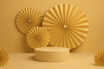 Abstract beigegold festive background with Chinesestyle paper fans and round empty podium for product display