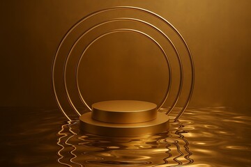 Obraz premium Abstract golden podium surrounded by metallic arches and reflective surface for luxury product presentation