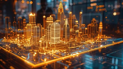 A digital model of a city skyline displays buildings and streets with bright lights. This scene shows advanced technology and design. The activity demonstrates urban planning in a virtual space - Powered by Adobe