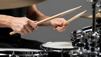Naklejka premium Drummer playing drums with drumsticks in hands