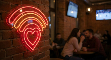 Neon sign on a brick wall featuring a Wi-Fi signal turning into a heart shape with a couple dating in the background