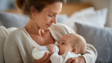 Parent feeding baby with bottle during quiet daytime, relaxed setting highlighting trust, comfort, bonding, and everyday parenting moments. cinematic color correction, natural uneven lighting yet