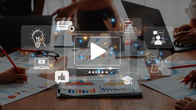 Group of professionals engaged in a strategic brainstorming session with digital tools, charts, and papers focused on innovation and progress in the workplace. Raster - Powered by Adobe