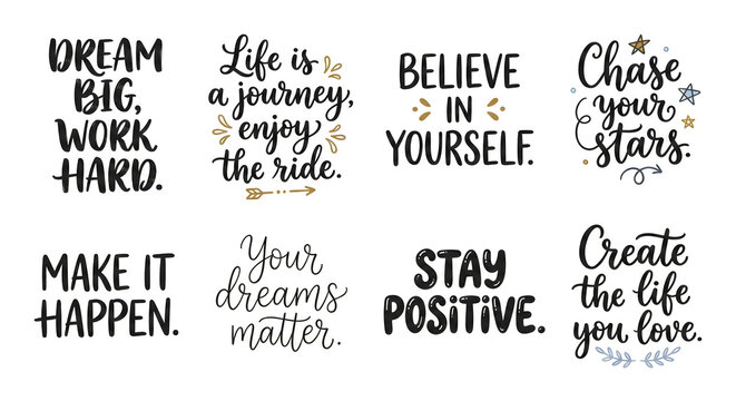 Set of hand-drawn motivational lettering quotes and positive affirmations isolated on a white background