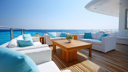 Exterior sundeck lounge zone with luxury furniture on super yacht, modern sea vessel, teak deck flooring, clear blue sky, ocean cruise vacation, relaxing travel, with copy space Exterior sundeck lounge zone with luxury furniture on super yacht, modern sea vessel, teak deck flooring, clear blue sky, ocean cruise vacation, relaxing travel, with copy space