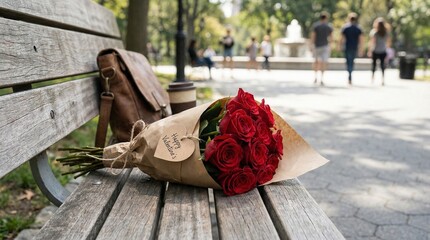 Bouquet of red roses placed on a wooden park bench with a small handwritten note attached, creating a romantic gift scene in an outdoor park setting.