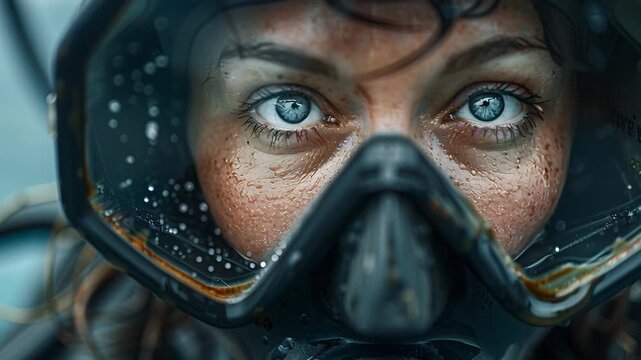 A person is underwater with a diving mask on. Water droplets are visible on the mask. The person shows intense focus and readiness for exploration. Blue eyes are noticeable