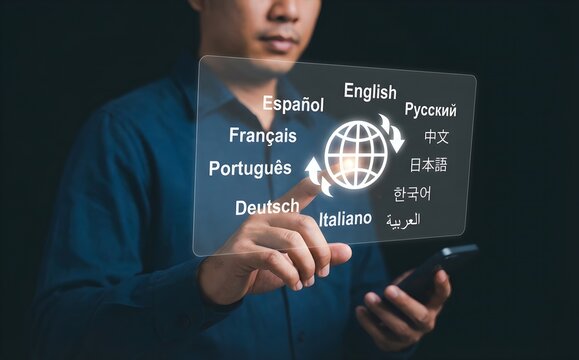 Person uses a smartphone to interact with a digital screen displaying various languages and global translation options.