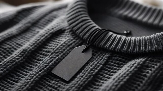 A gray sweater is laid out on a soft surface. A black tag is attached to the neck of the sweater showing pricing and brand information. The fabric has a textured pattern