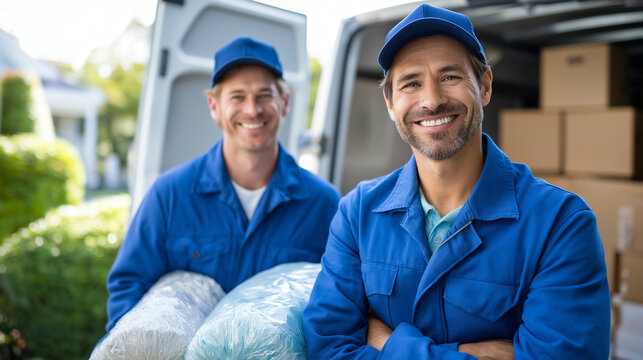 Two male movers in blue uniform carrying wrapped mattress from house to van, faceless workers, furniture delivery service, relocation team, loading boxes nearby, with copy space