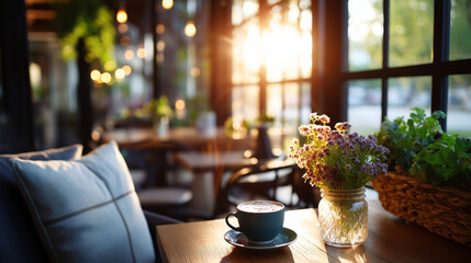 Cozy coffee shop scene with sunlight streaming through windows, plants decoration, cafe furniture, comfortable seating, natural lighting, defocused interior ambiance, with copy spa