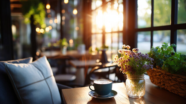 Cozy coffee shop scene with sunlight streaming through windows, plants decoration, cafe furniture, comfortable seating, natural lighting, defocused interior ambiance, with copy spa - Powered by Adobe