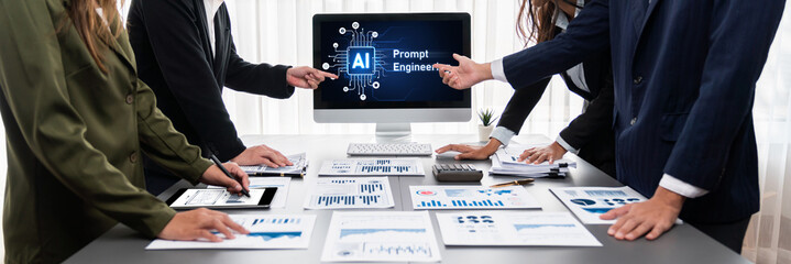 Panorama shot analyst team utilizing BI Fintech to analyze financial report with laptop. Businesspeople analyzing BI data dashboard displayed on laptop screen for business insight. Prodigy