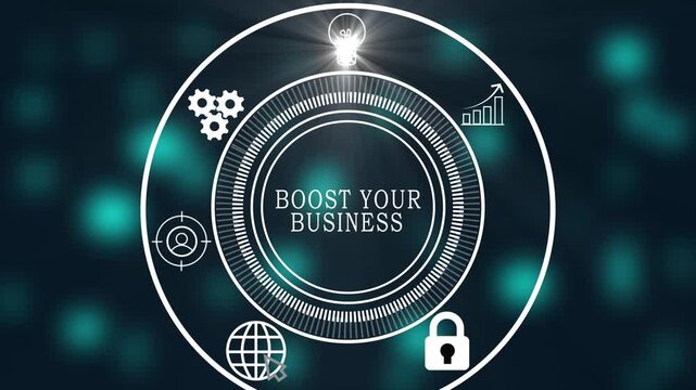 BOOST YOUR BUSINESS Strategy Concept with Business Technology Network, Data Analytics, Online Advertising, Social Media and Growth Interface