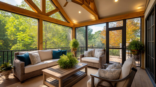 Luxurious screened porch with contemporary furniture, wood beam ceiling, ceiling fan, ambient cove lighting, lush backyard view, outdoor living space, with copy space