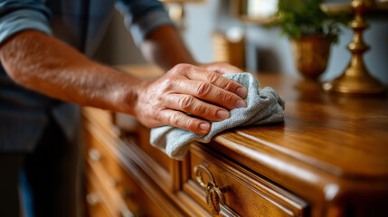 Close-up of person's hands carefully polishing classic wooden dresser with soft cloth, faceless detail, home maintenance, furniture restoration, craftsmanship care, with copy space