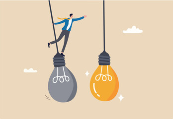 Change or transformation to new opportunity, change to new job, better career, improvement or move to different company, decision for new chance concept, businessman jump from old to bright lightbulb.